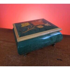 Vintage Reuge Green Music Box Flower Inlay Swiss Movement Plays Evergreen Italy
